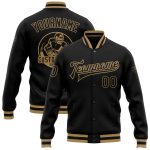 Personalized Black Varsity Letterman Jacket Bomber Full-Snap in Old Gold Personalized Black Black-Old Gold Bomber Full-Snap