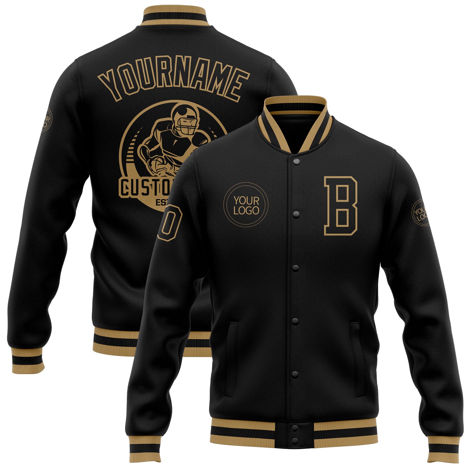 Personalized Black Old Gold Varsity Letterman Bomber Jacket Full-Snap 3 Personalized Black Black-Old Gold Bomber Full-Snap