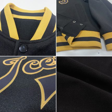 Personalized Black Varsity Letterman Jacket Bomber Full-Snap in Old Gold Personalized Black Black-Old Gold Bomber Full-Snap