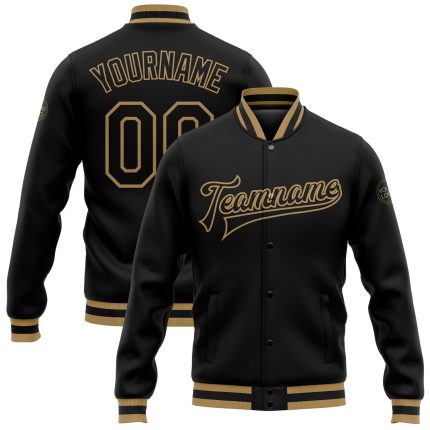 Personalized Varsity Letterman Jacket - Black and Old Gold Full-Snap Bomber Style Personalized Black Black-Old Gold Bomber
