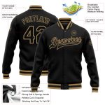 Personalized Varsity Letterman Jacket - Black and Old Gold Full-Snap Bomber Style Personalized Black Black-Old Gold Bomber