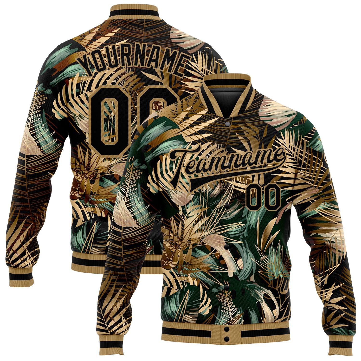 Custom Name & Number 3D Hawaii Palm Trees Varsity Letterman Jacket - Personalized Black & Gold Bomber Design Personalized