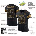 Custom black, gold and old gold football jersey, back view