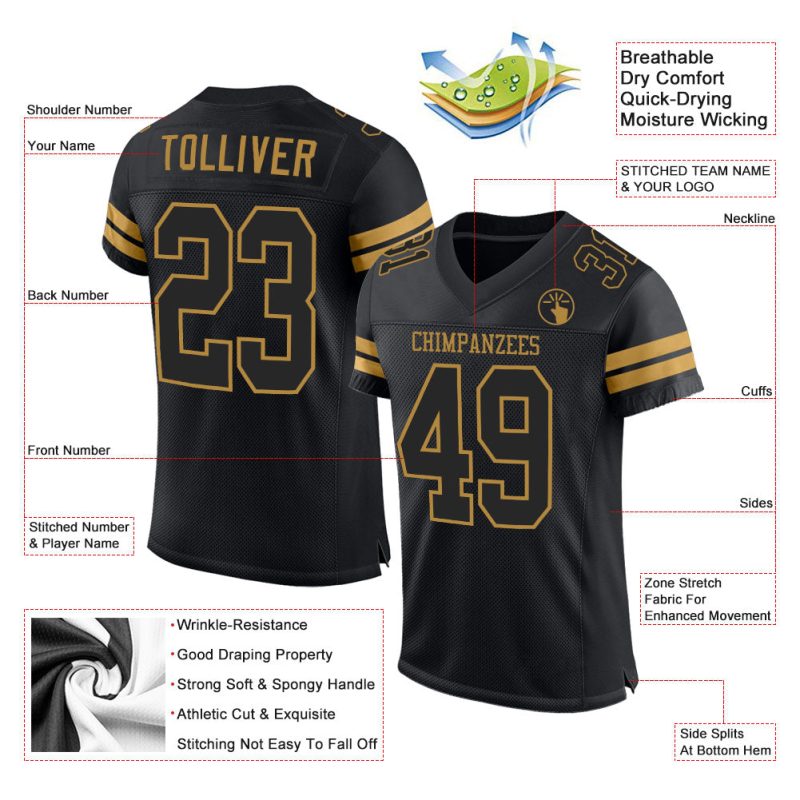 Custom Black Authentic Football Jersey with Gold Accents - Personalized Name and Number Personalized Black Black-Old Gold