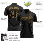 Custom Personalized Black Performance Golf Polo Shirt with Team Name and Number - Black-Old Gold Personalized Black Black-Old