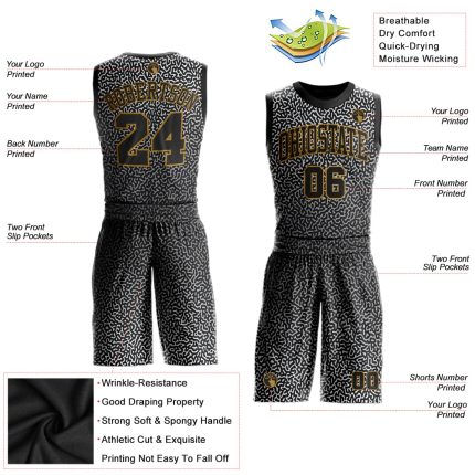 Personalized Custom Basketball Jersey for Team - Black Gold Round Neck, Name & Number, Sublimation Suit Personalized Black