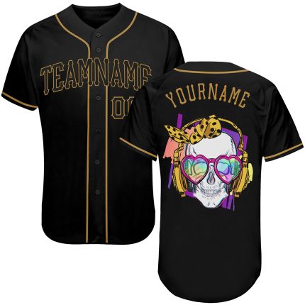 Personalized Skull Baseball Jersey in Black and Old Gold - Trendy Fashion Wear Personalized Black Black-Old Gold Skull Fashion