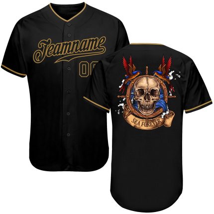 Personalized Skull Baseball Jersey in Black and Old Gold - Stylish Fashion Jersey 3 Personalized Black Black-Old Gold Skull