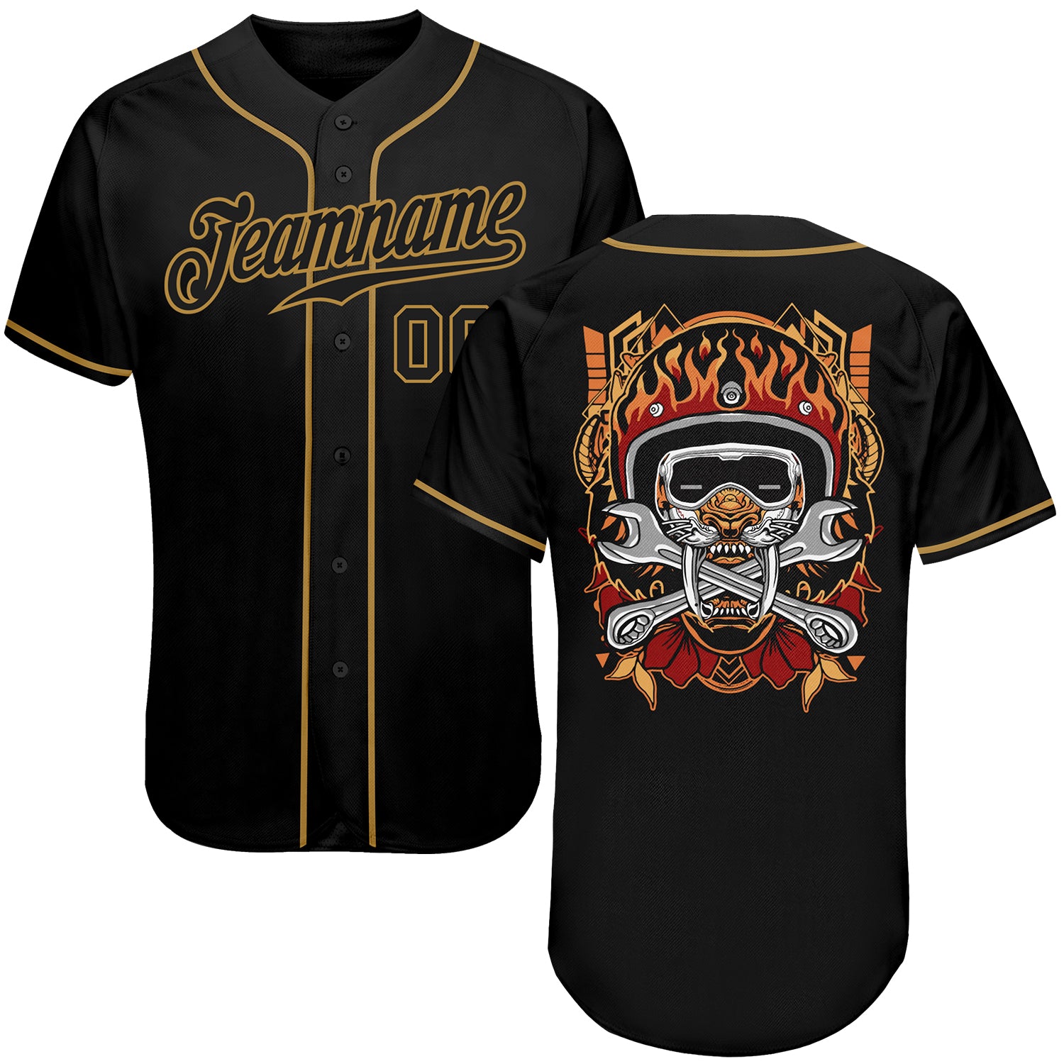 Personalized Black Skull Baseball Jersey with Old Gold Accents - Fashion Baseball Jersey Personalized Black Black-Old Gold