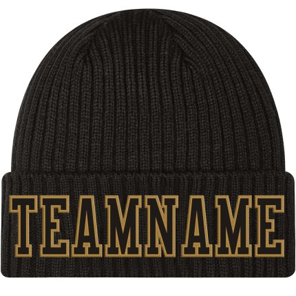 Custom Black Stitched Cuffed Knit Hat with Old Gold Accent - Personalized Winter Beanie Personalized Black Black-Old Gold