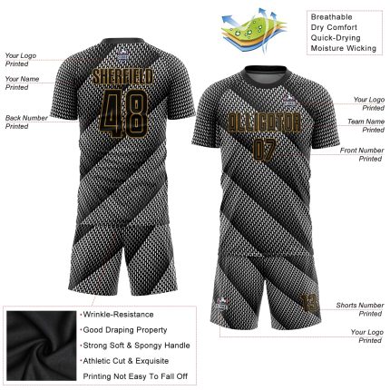 Custom Name and Number Personalized Black and Old Gold Soccer Jersey Team Uniform Personalized Black Black-Old Gold Sublimation
