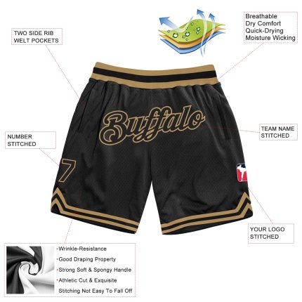 Personalized Black Throwback Basketball Shorts with Old Gold Design Personalized Black Black-Old Gold Throwback Basketball