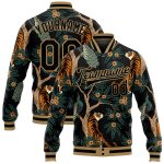 Personalized Black and Gold 3D Tiger Peacock Varsity Letterman Bomber Jacket Personalized Black Black-Old Gold Tiger And