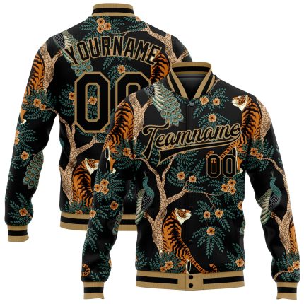 Personalized Black and Gold 3D Tiger Peacock Varsity Letterman Bomber Jacket Personalized Black Black-Old Gold Tiger And