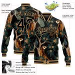Personalized Black and Gold 3D Tiger Peacock Varsity Letterman Bomber Jacket Personalized Black Black-Old Gold Tiger And