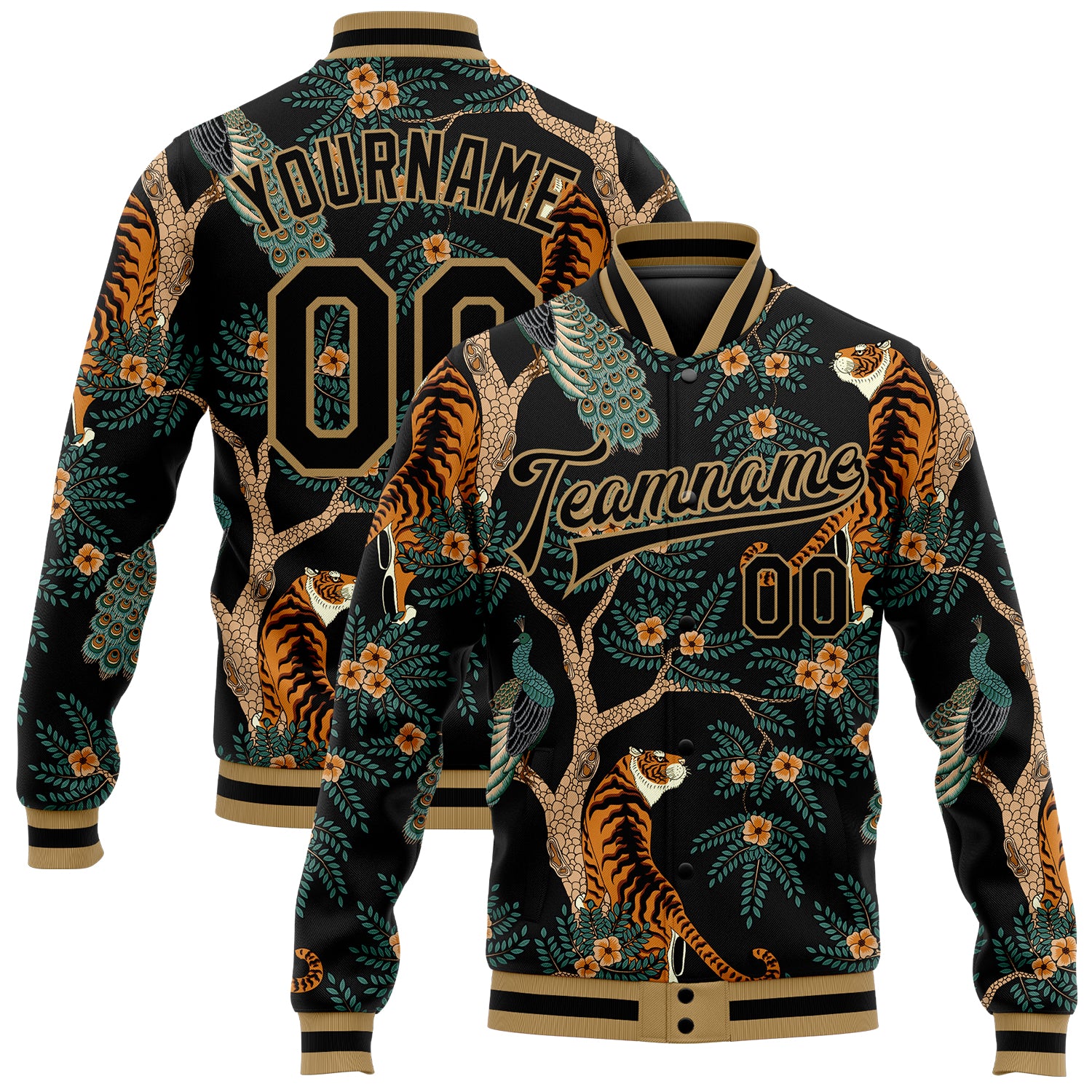 Custom Name Number Bomber Varsity Jacket with 3D Tiger Peacock Pattern - Personalized Black Old Gold Full-Snap Design Personalized