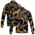 Personalized Tropical Leopard Palms 3D Bomber Jacket in Black and Gold, Full-Snap Varsity Letterman Style Personalized Black