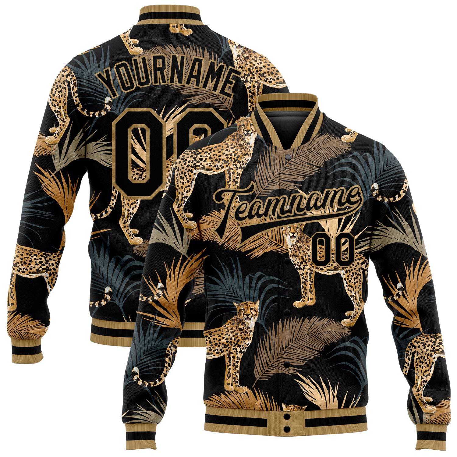 Custom Tropical Leopard Pattern Bomber Jacket with Palms - Personalized Black 3D Varsity Letterman Jacket with Name and Number
