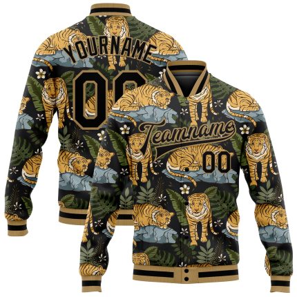 Personalized Tropical Tiger Palms 3D Black Gold Varsity Letterman Bomber Jacket Personalized Black Black-Old Gold Tropical