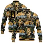 Custom Name and Number Tropical Tiger 3D Pattern Varsity Letterman Jacket Black-Old Gold Bomber Full-Snap Personalized Black