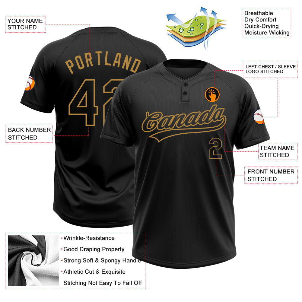 Personalized Black Black-Old Gold Two-Button Unisex Softball Jersey Personalized Unisex Softball Jersey in Black and Old Gold, Two-Button Design Personalized Black Black-Old Gold Two-Button - Image 3