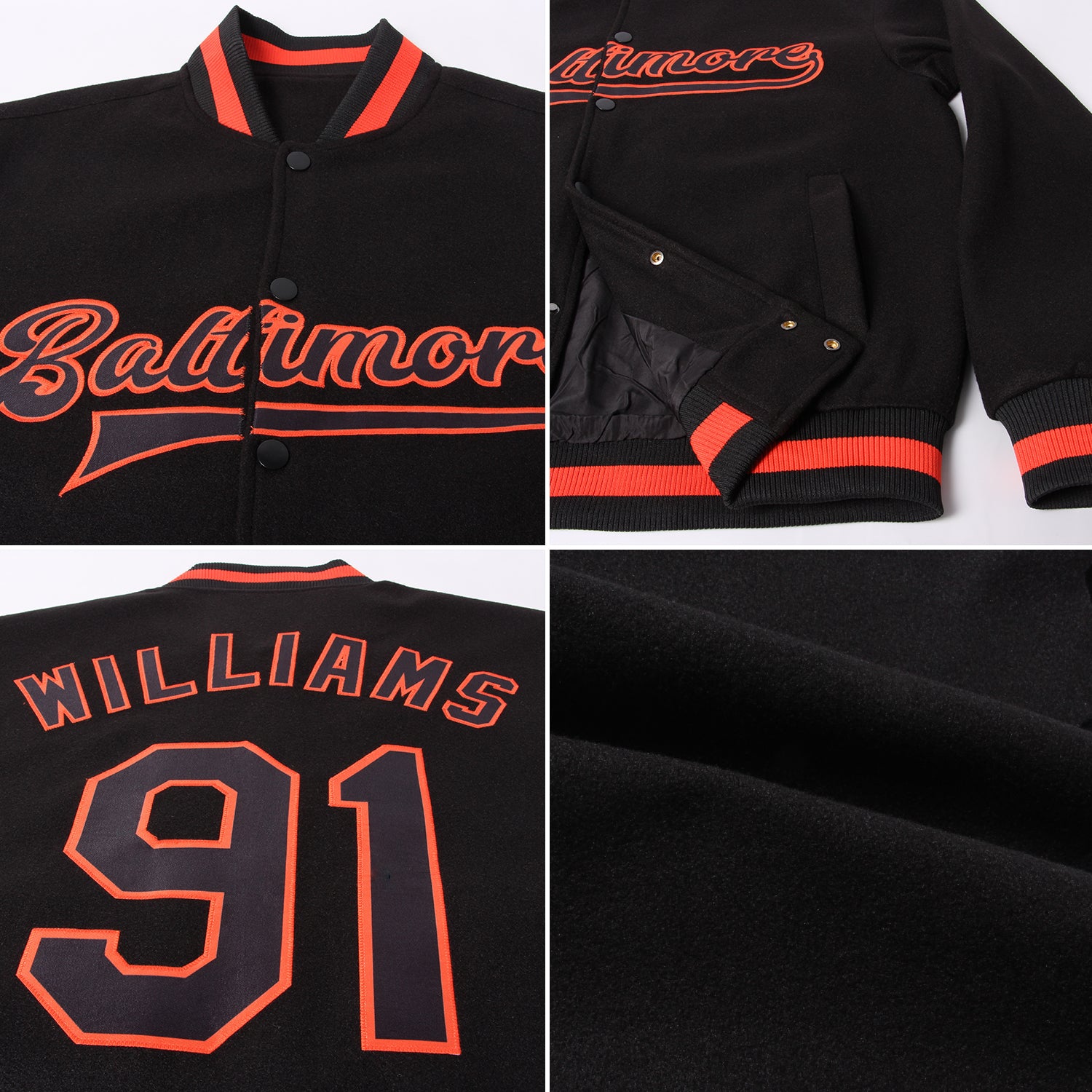 Personalized Black Black-Orange Bomber Full-Snap Varsity Letterman Jacket Personalized Black and Orange Varsity Bomber Jacket Full-Snap Letterman Personalized Black Black-Orange Bomber Full-Snap - Image 4
