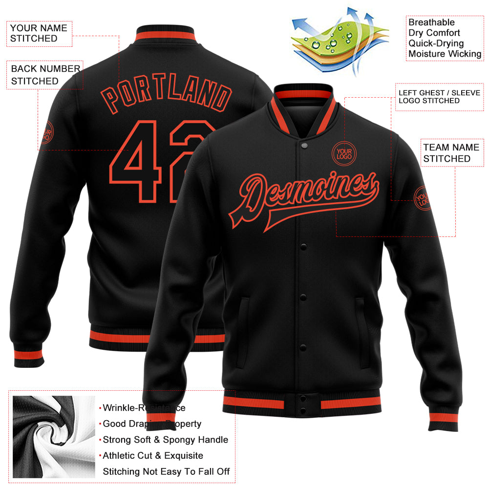 Personalized Black Black-Orange Bomber Full-Snap Varsity Letterman Jacket Personalized Black and Orange Varsity Bomber Jacket Full-Snap Letterman Personalized Black Black-Orange Bomber Full-Snap - Image 5
