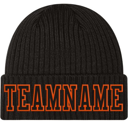 Custom Black-Orange Stitched Cuffed Knit Hat with Personalized Name and Number - Team Apparel Personalized Black Black-Orange