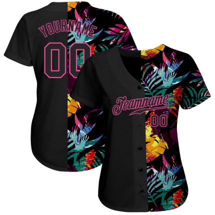Personalized Tropical Palm Leaves Baseball Jersey - Black-Pink 3D Design Personalized Black Black-Pink 3D Tropical Palm Leaves