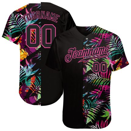 Personalized Tropical Palm Leaves Baseball Jersey - Black-Pink 3D Design Personalized Black Black-Pink 3D Tropical Palm Leaves
