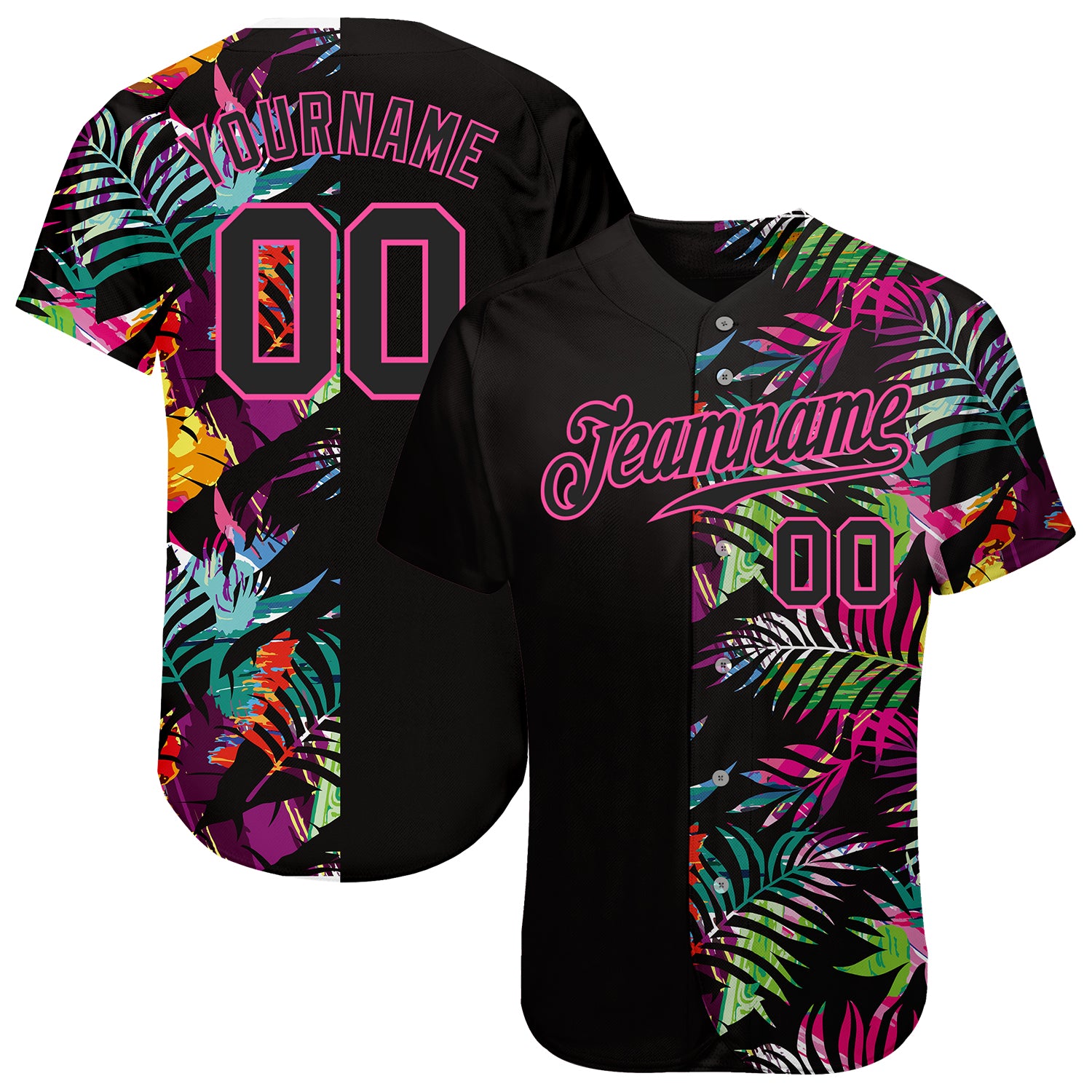 Personalized Tropical Palm Leaves Baseball Jersey - Black-Pink 3D Design Personalized Black Black-Pink 3D Tropical Palm Leaves
