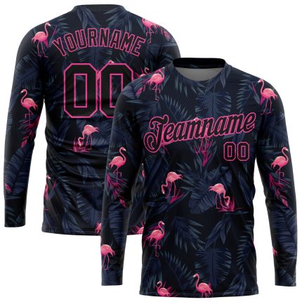 Personalized Black Pink Flamingo 3D Long Sleeve Performance Shirt for Men & Women Personalized Black Black-Pink Flamingo