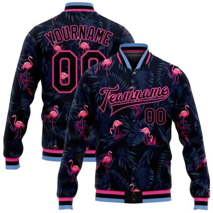 Custom Name & Number Varsity Jacket with Hawaii Palm Trees & Flamingo 3D Pattern - Personalized Black & Light Blue Bomber Design