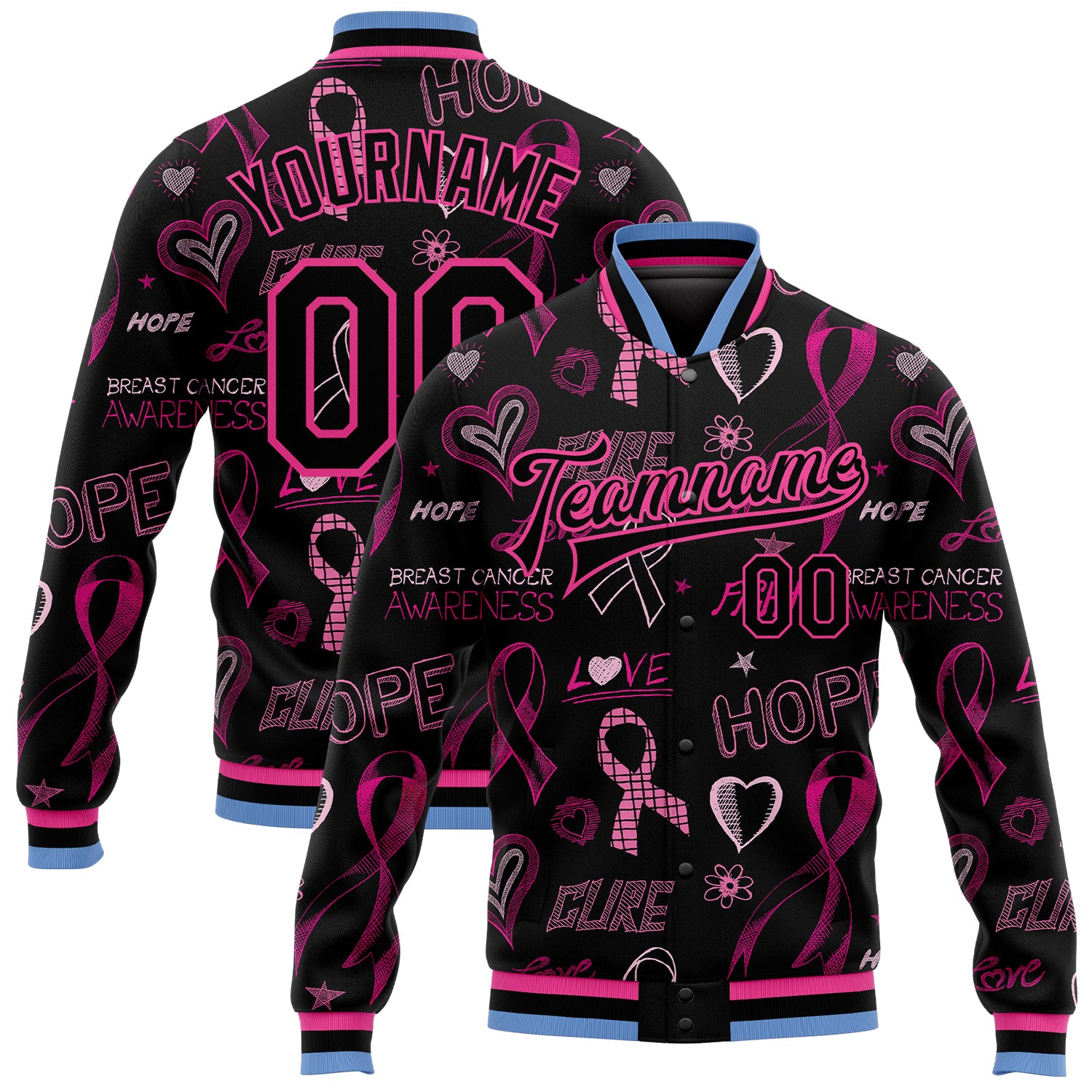 Personalized Breast Cancer Awareness 3D Bomber Varsity Jacket Pink-Black-Light Blue Full-Snap Letterman Jacket Personalized
