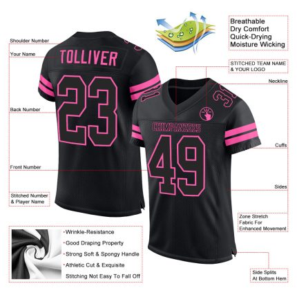 Custom Black-Pink Mesh Football Jersey with Personalized Name and Number - Authentic Team Apparel Personalized Black Black-Pink