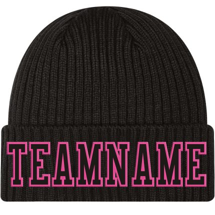 Personalized Black Pink Knit Hat with Stitched Cuffs - Stylish Cuffed Beanie Personalized Black Black-Pink Stitched Cuffed