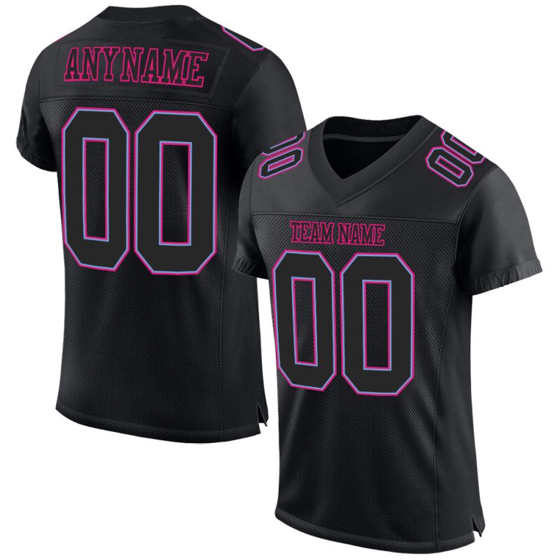 Personalized Black Powder Blue Hot Pink Football Jersey - Custom Mesh Sportswear Personalized Black Black Powder Blue-Hot