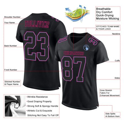 Personalized Black Powder Blue Hot Pink Football Jersey - Custom Mesh Sportswear Personalized Black Black Powder Blue-Hot