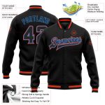 Custom Team Name and Number Black Blue-Orange Varsity Bomber Jacket Full-Snap Personalized Letterman Jacket Personalized
