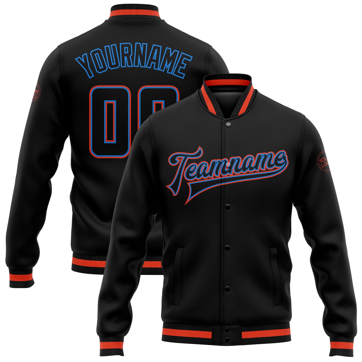 Personalized Black Blue-Orange Bomber Varsity Letterman Jacket - Full-Snap Design Personalized Black Black Powder Blue-Orange