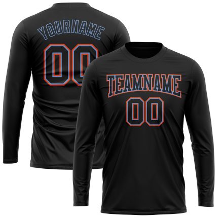 Personalized Team Performance T-Shirt with Custom Name & Number - Black Powder Blue-Orange Long Sleeve Personalized Black