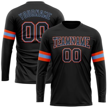 Personalized Team Performance T-Shirt with Custom Name & Number - Black Powder Blue-Orange Long Sleeve Personalized Black
