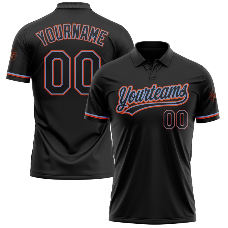 Personalized Black Powder Blue Orange Vapor Performance Golf Polo Shirt Personalized Black Black Powder Blue-Orange Performance