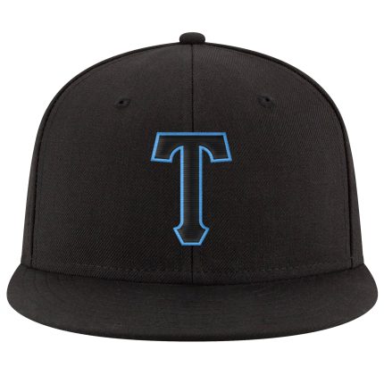 Personalized Adjustable Snapback Hat in Black with Blue Stitching - Customizable Cap Personalized Black Black-Powder Blue