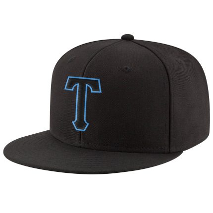 Personalized Adjustable Snapback Hat in Black with Blue Stitching - Customizable Cap Personalized Black Black-Powder Blue