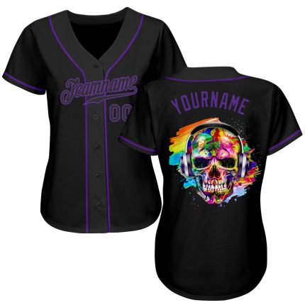Personalized Skull Baseball Jersey in Black and Purple Fashion Design Personalized Black Black-Purple Skull Fashion Baseball