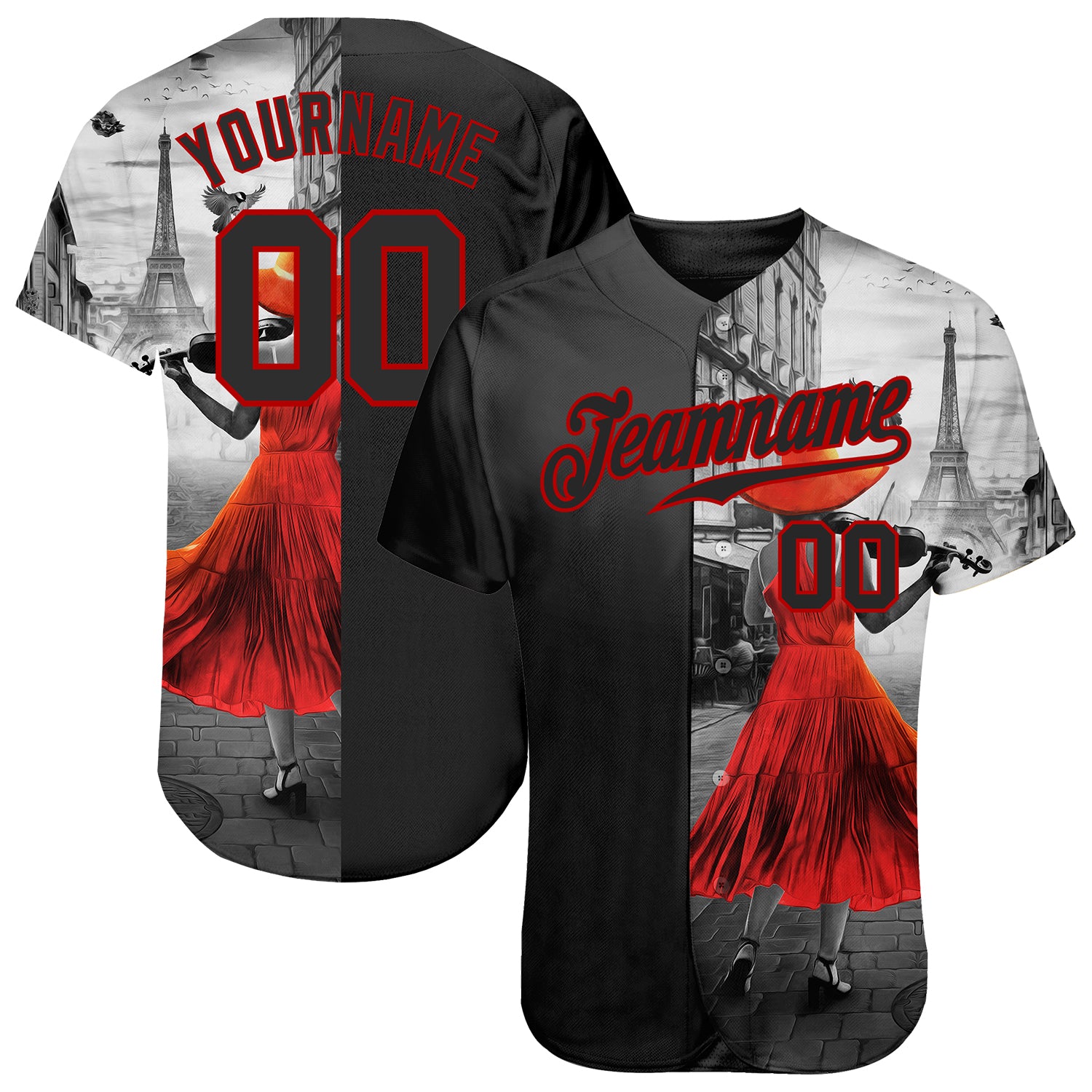 Personalized Black and Red 3D Eiffel Tower Baseball Jersey for Girls with Custom Name and Number Personalized Black Black-Red