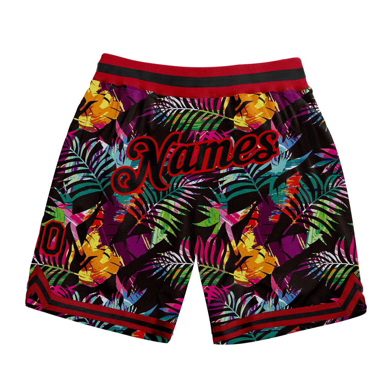Custom Name and Number Black-Red Tropical Palm Leaves Basketball Shorts - 3D Pattern Design Personalized Black Black-Red
