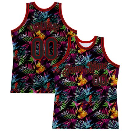 Custom Name and Number Basketball Jersey - Personalized Black-Red 3D Tropical Hawaii Palm Leaves Design Personalized Black