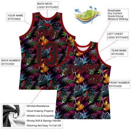 Custom Name and Number Basketball Jersey - Personalized Black-Red 3D Tropical Hawaii Palm Leaves Design Personalized Black